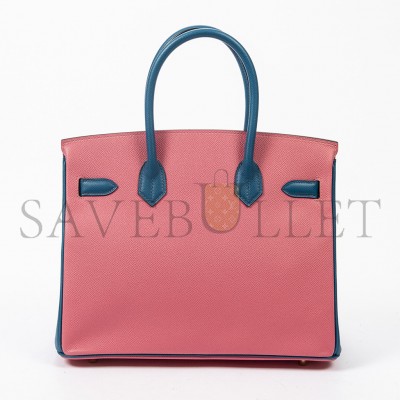 HERMÈS BIRKIN 30 CHEVRE LEATHER CHERRY BLOSSOM AND NORTHERN BLUE GOLD BUCKLE H028369CC37 (30*23*15cm)